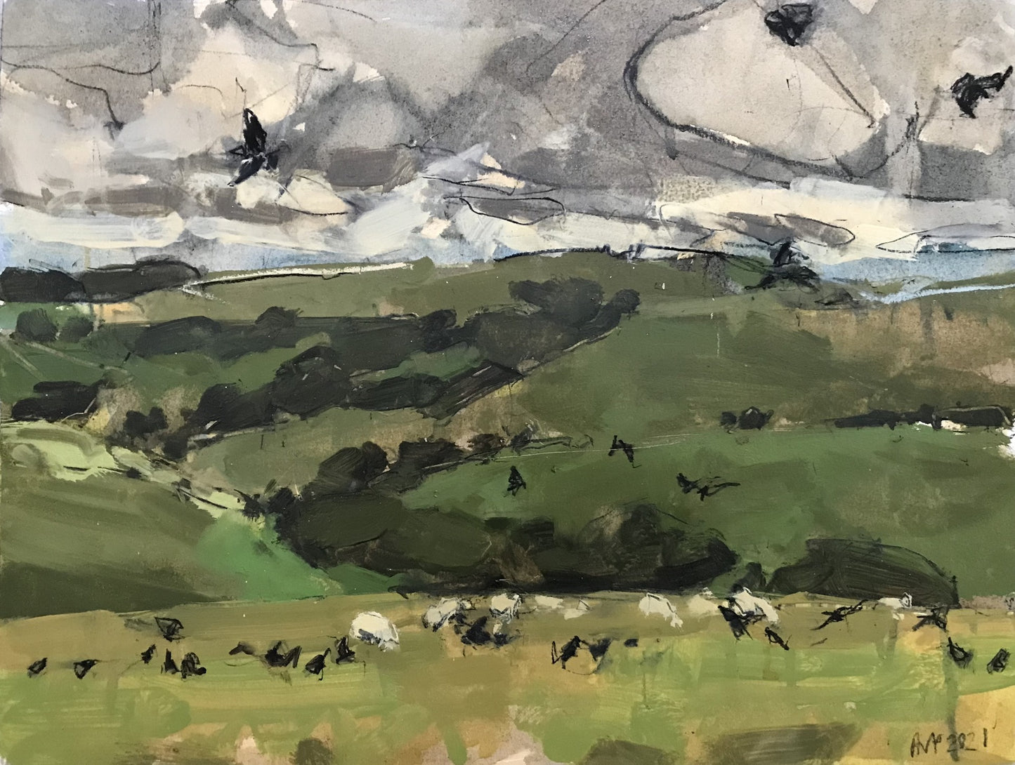 Sheep and crows, South Downs, July (SOLD)