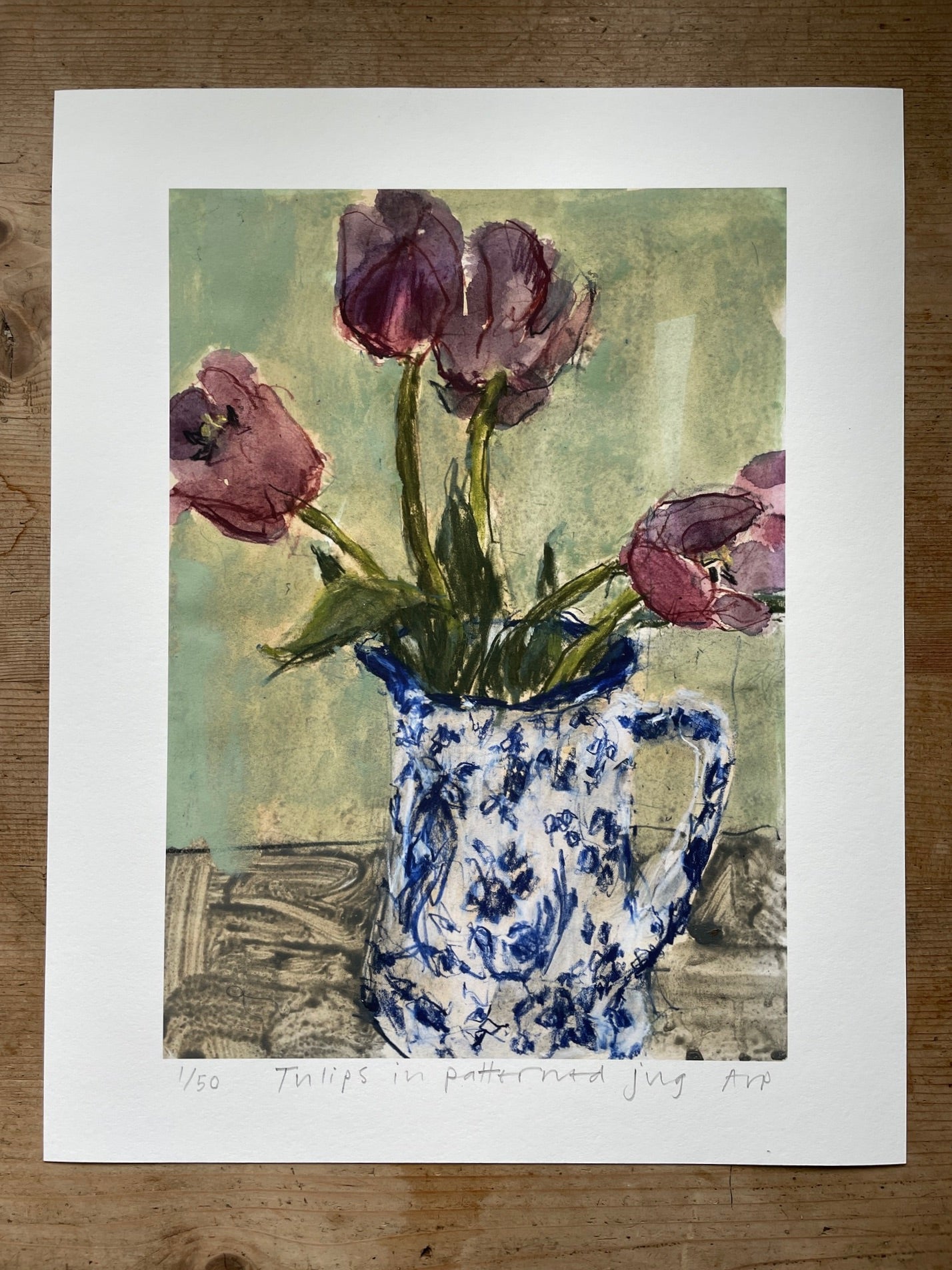 Tulips in patterned jug