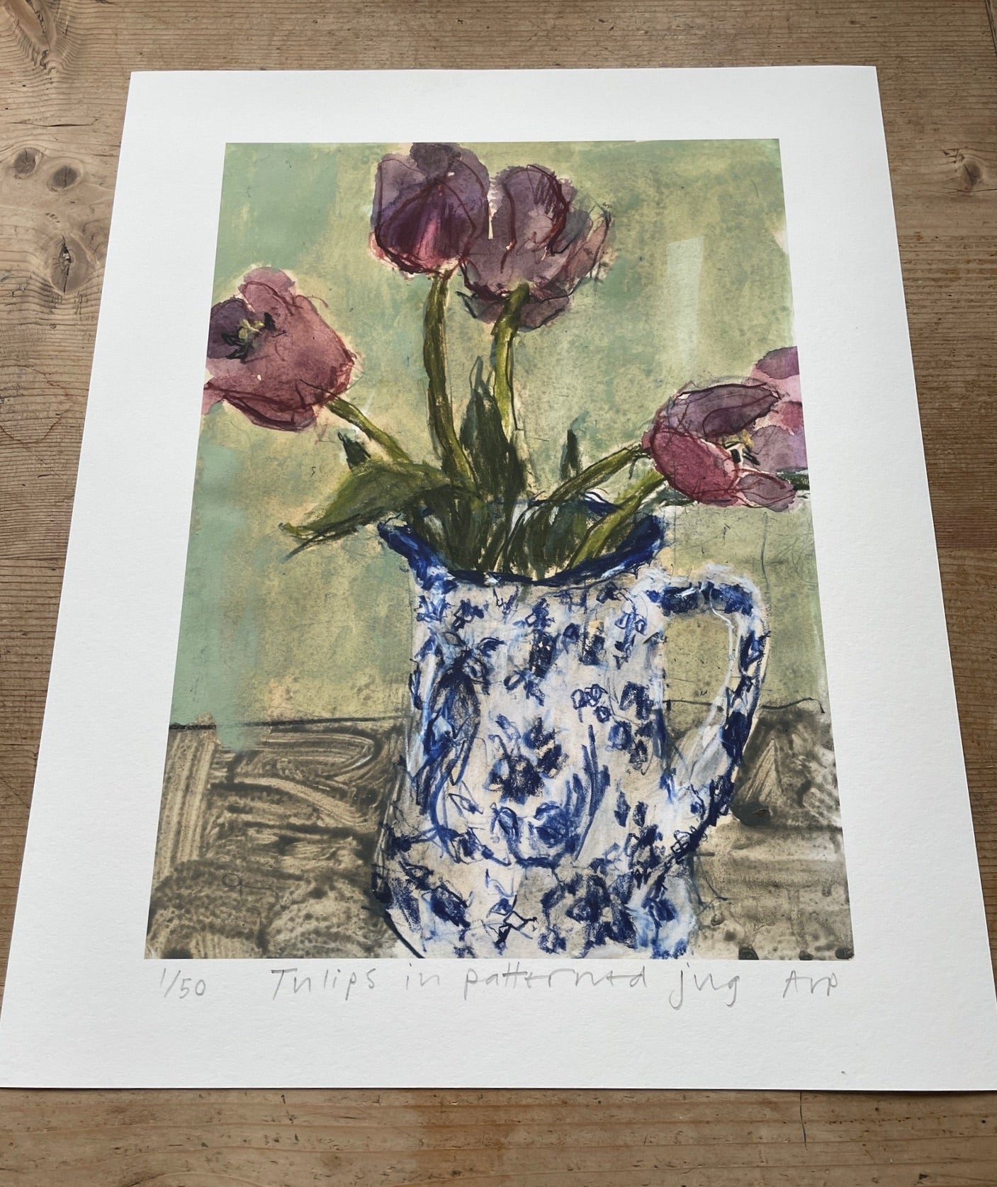 Tulips in patterned jug